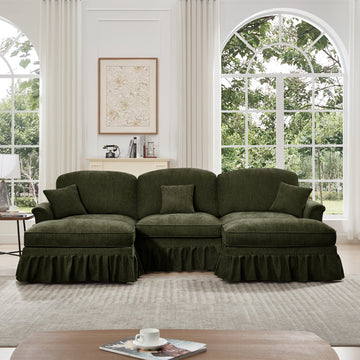 Classic Comfy Modular U Shape Sectional Sofa Couch with Flared Arms and Removable Ruffles Pleats Skirts and Spindle Legs, Upholstered Chenille Deep Seat Cloud Sofa with Movable Ottomans,Green
