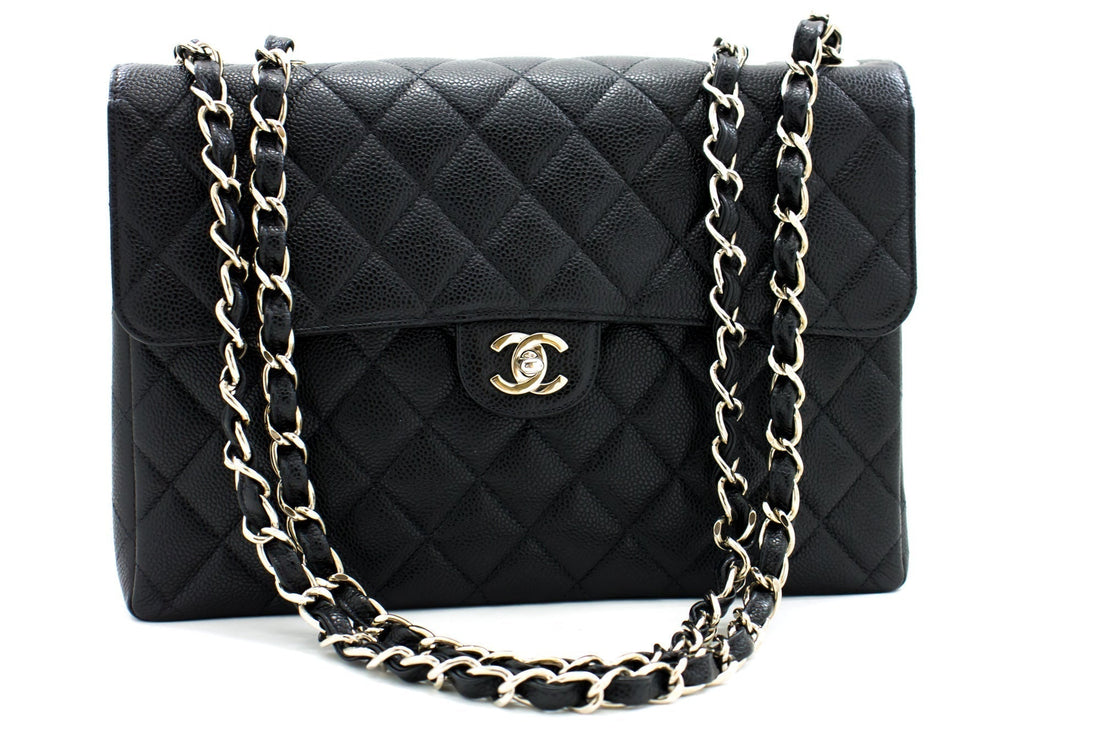 CHANEL Large Classic Handbag Chain Shoulder Bag Flap Black Caviar g66 - Shoulder Bag