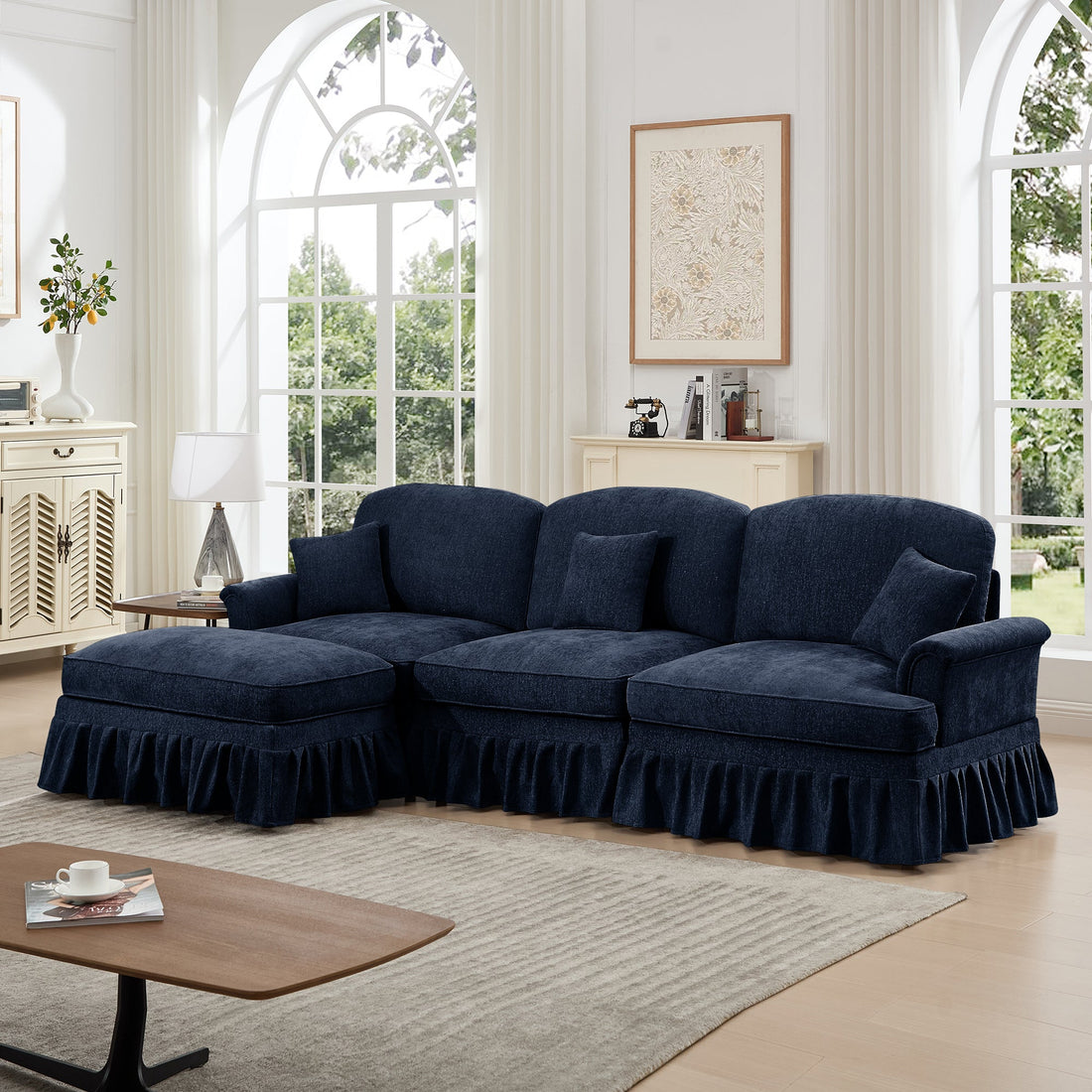 Mid Century Three Seater Modular L Shaped Sectional Couch with Flared Arms and Removable Ruffles Pleats Skirts and Spindle Legs, Comfy Chenille 3-Seat Deep Seat Sofa with Movable Ottoman,Blue