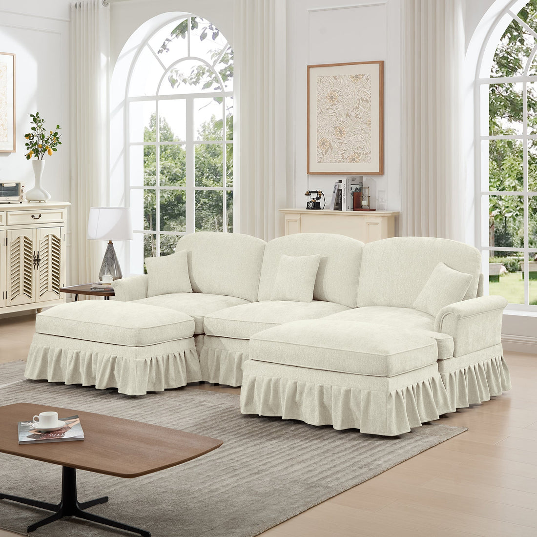Classic Comfy Modular U Shape Sectional Sofa Couch with Flared Arms and Removable Ruffles Pleats Skirts and Spindle Legs, Upholstered Chenille Deep Seat Cloud Sofa with Movable Ottomans, Beige White