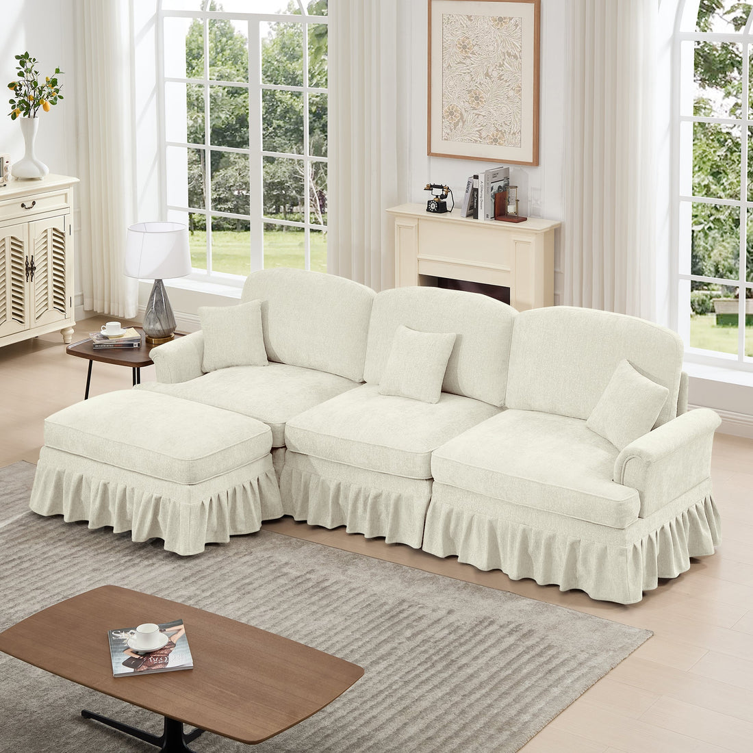 Mid Century Three Seater Modular L Shaped Sectional Couch with Flared Arms and Removable Ruffles Pleats Skirts and Spindle Legs, Comfy Chenille 3-Seat Deep Seat Sofa with Movable Ottoman, Beige White