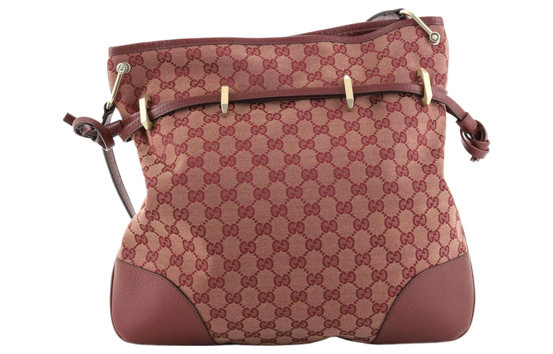 (WMNS) GUCCI Horsebit 1955 Retro Gold buckle Logo Canvas Drawstring Shoulder Messenger Bag Deep Red Classic 602089-9Y9NG-9865 - Shoulder Bags
