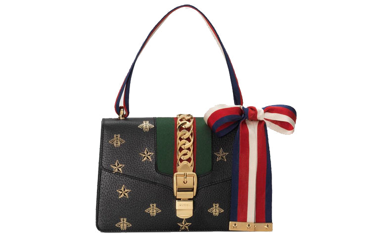 (WMNS) GUCCI Sylvie Gold buckle Bee Pattern Stripe Webbing Bow handbag Small Black Classic 524405-DJ2RG-8571 - Shoulder Bags