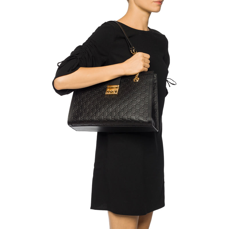 (WMNS) Gucci Padlock Metallic Logo Embossing Leather Tote Chain Black HandBag 479197-0REAG-1000 - Shoulder Bags