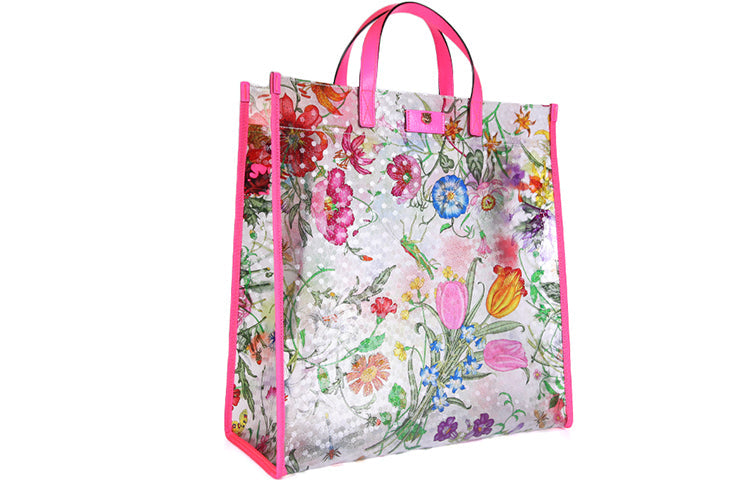(WMNS) GUCCI Metallic Tiger Head Adornment Flowers Printing PVC Tote Pink Handbag 548713-91EB0-8859 - Handbag