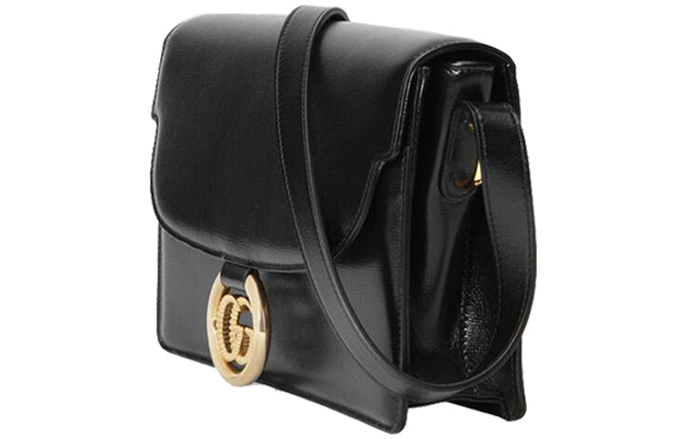 (WMNS) Gucci GG Ring Gold Logo Leather Shoulder Messenger Bag Small Black Classic 589474-1DB0G-1000 - Shoulder Bags