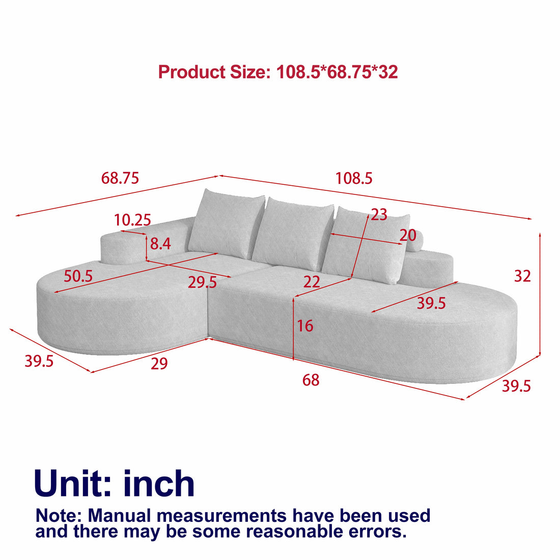 Modern Curved sofa ,Chenille Upholstered Sectional Sofa Couch Set,Modular 108.5' L Shaped Sectional Living Room Sofa Set With 3 Pillows,Free Combination Sofa Couch for Living Room,Bedroom