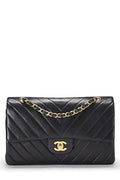 Chl,  Black Chevron Lambskin Classic Double Flap Medium, Black - Loose Stones - 6