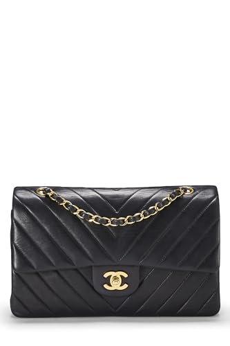 Chl,  Black Chevron Lambskin Classic Double Flap Medium, Black - Loose Stones - 6
