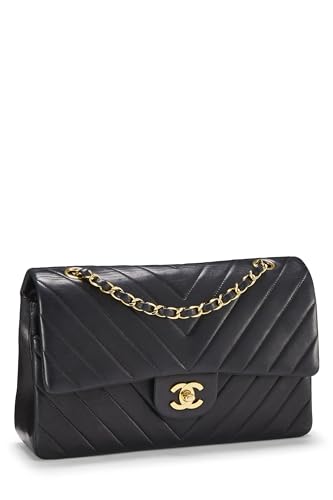 Chl,  Black Chevron Lambskin Classic Double Flap Medium, Black - Loose Stones - 5