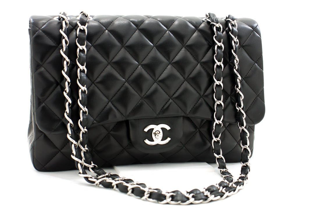 CHANEL Large Classic Handbag 11"Chain Shoulder Bag Flap Black Lamb h44 - Shoulder Bag
