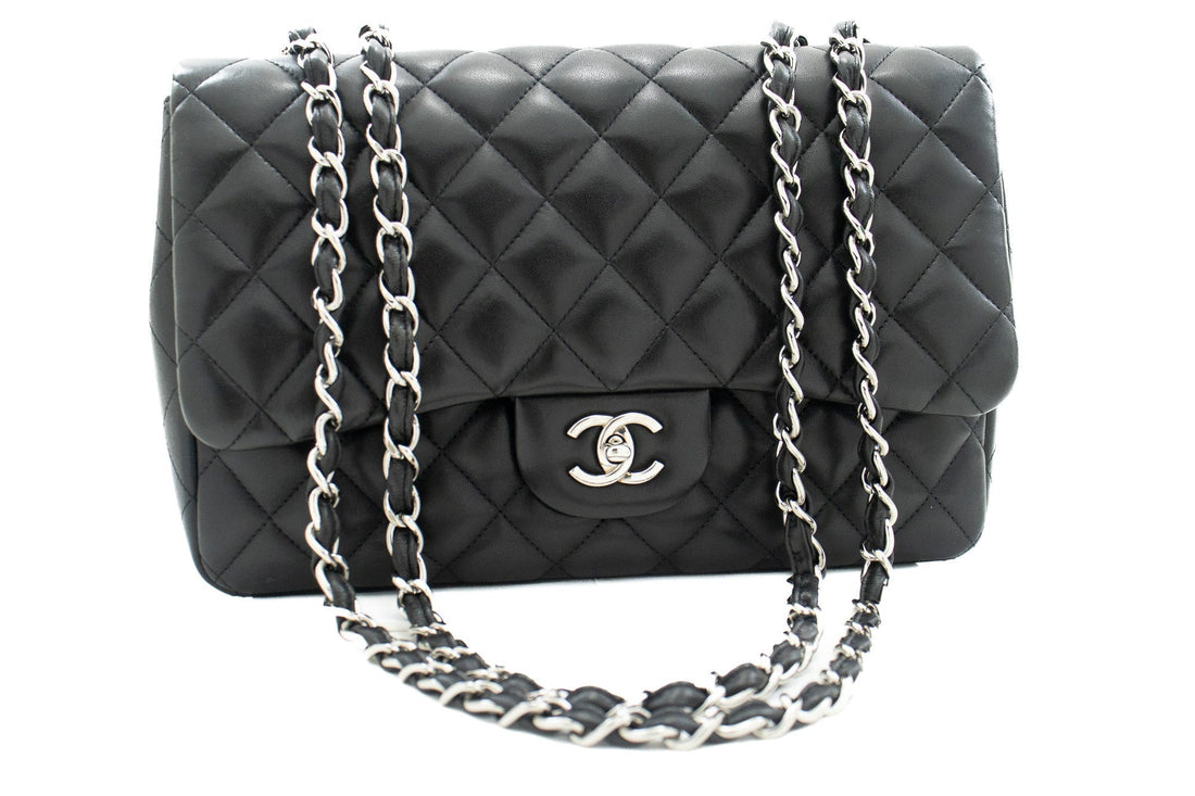 CHANEL Classic Large 11" Chain Shoulder Bag Flap Black Lambskin j42 - Shoulder Bag