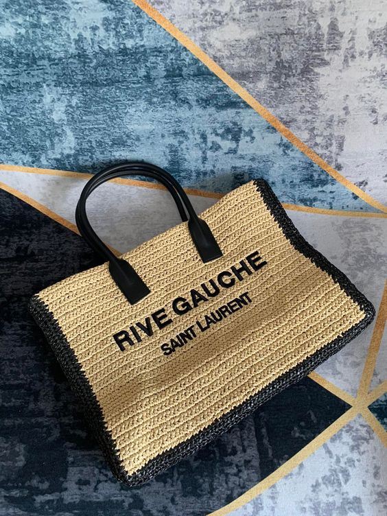 Saint Laurent RIVE GAUCHE TOTE BAG IN RAFFIA AND LEATHER