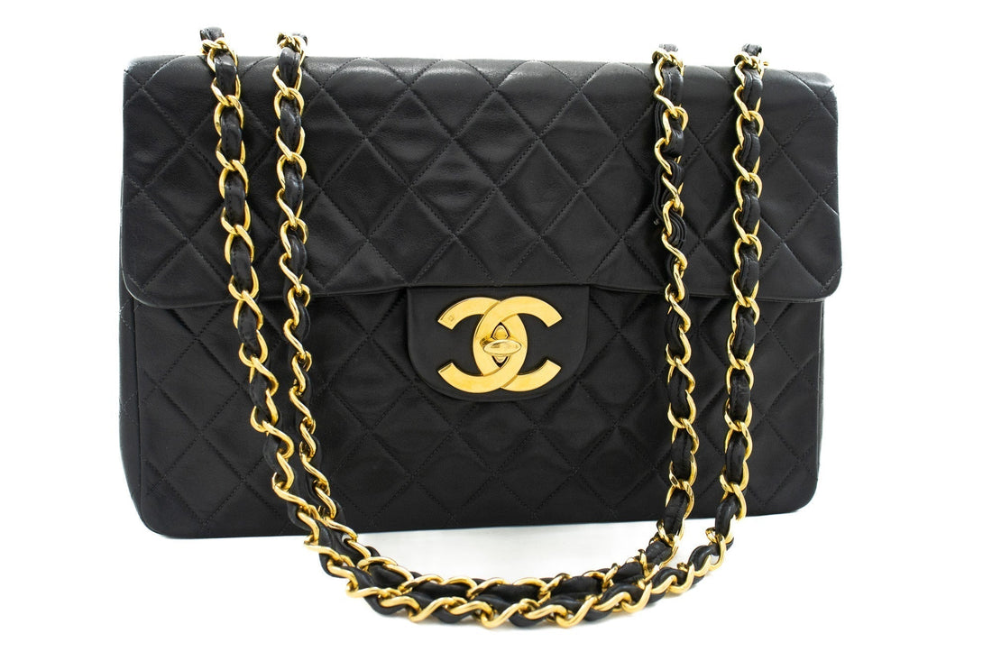 CHANEL Classic Large 13" Flap Chain Shoulder Bag Black Lambskin j71 - Shoulder Bag