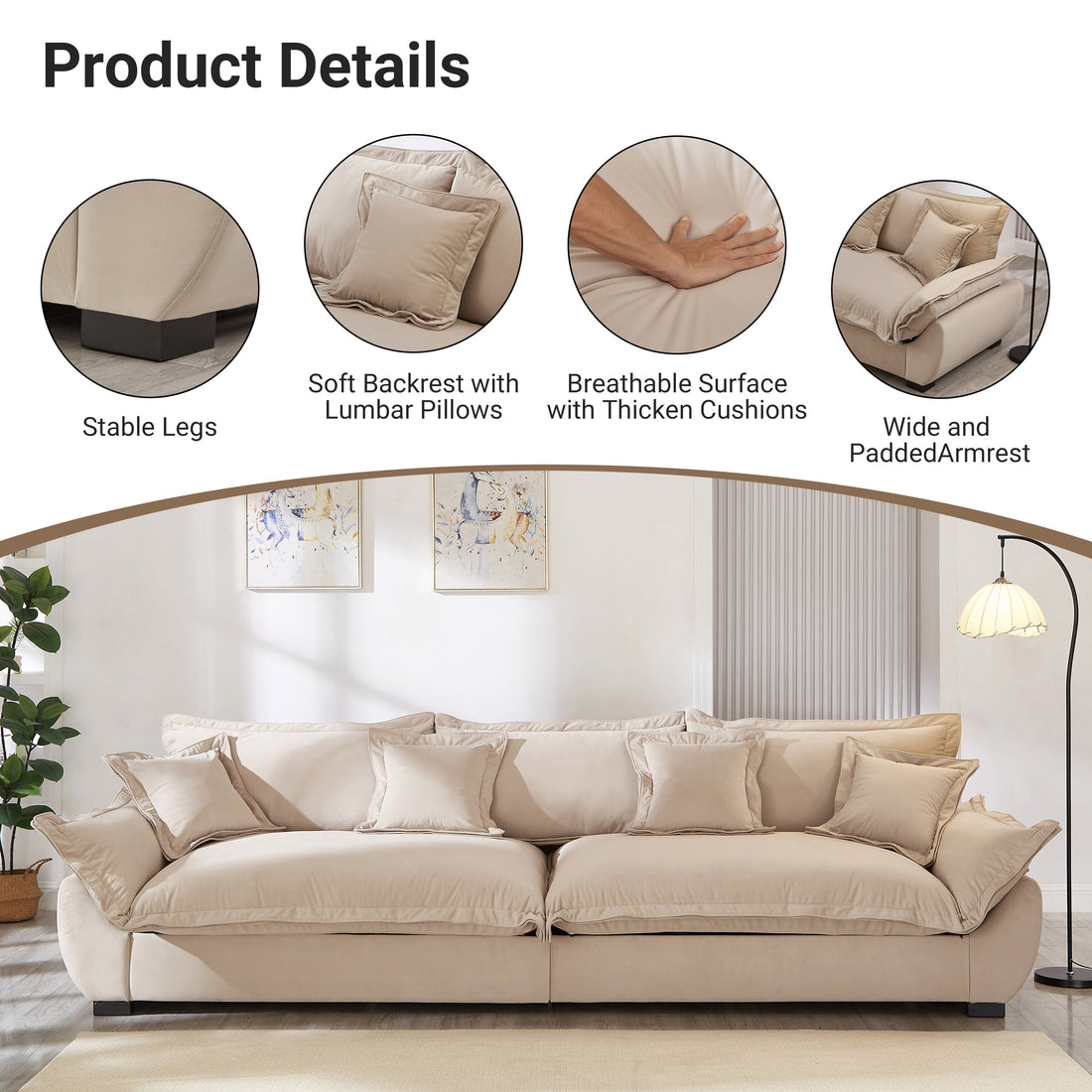 Modular Sectional Sofa, Sailing Design Sofa with Storage, Removable Backrest, Modern Deep Seat Sofa with Throw Pillows for Living Room Bedroom Apartment,Light Khaki