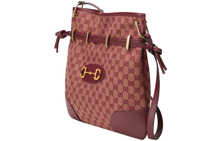 (WMNS) GUCCI Horsebit 1955 Retro Gold buckle Logo Canvas Drawstring Shoulder Messenger Bag Deep Red Classic 602089-9Y9NG-9865 - Shoulder Bags - 3