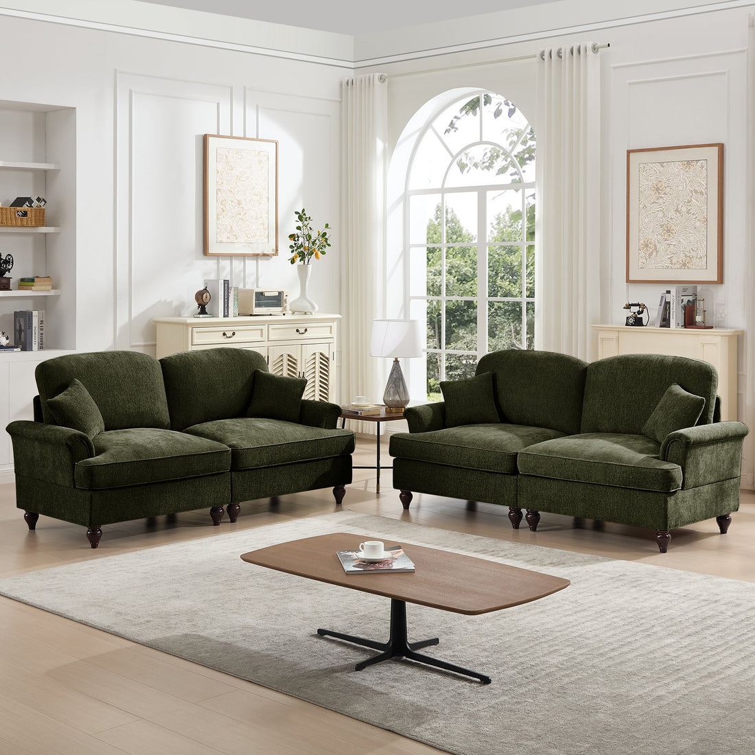 Classic 2 Piece Modular Couch Living Room Sofa Set with Flared Arms and Removable Ruffles Pleats Skirts and Spindle Legs, 2 Seater Sofa + 2-Seat Loveseat Sofa Sets for Living Room,Green