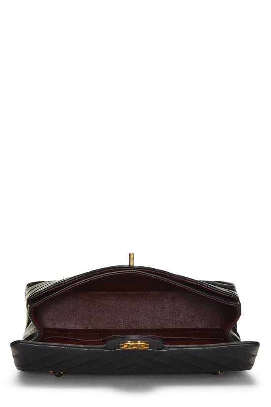 Chl,  Black Chevron Lambskin Classic Double Flap Medium, Black - Loose Stones