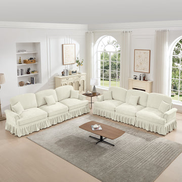 Classic 2 Piece Modular Couch Living Room Sofa Set with Flared Arms and Removable Ruffles Pleats Skirts and Spindle Legs, 3 Seater Sofa +3-Seat Loveseat Sofa Sets for Living Room, Beige White