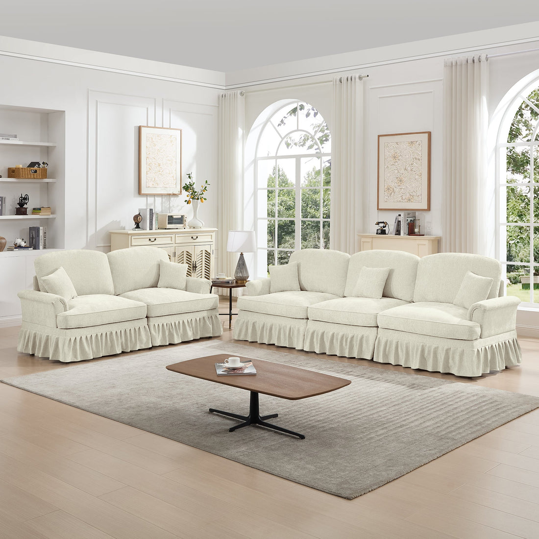 Classic 2 Piece Modular Couch Living Room Sofa Set with Flared Arms and Removable Ruffles Pleats Skirts and Spindle Legs, 3 Seater Sofa + 2-Seat Loveseat Sofa Sets for Living Room, Beige White