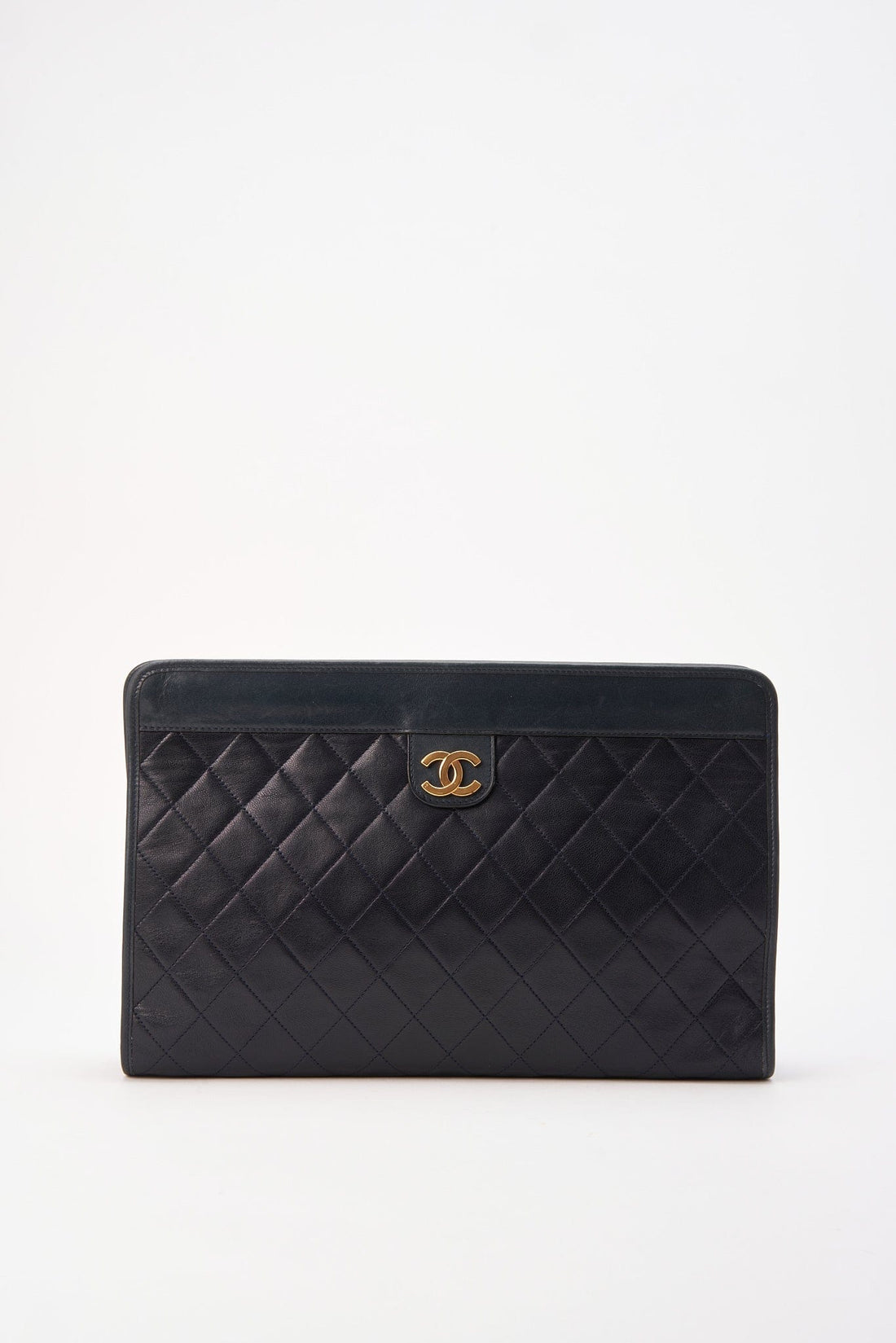 Vintage Chanel Navy Leather Clutch Bag With 24K Gold Plated Hardware - Clutch Bags