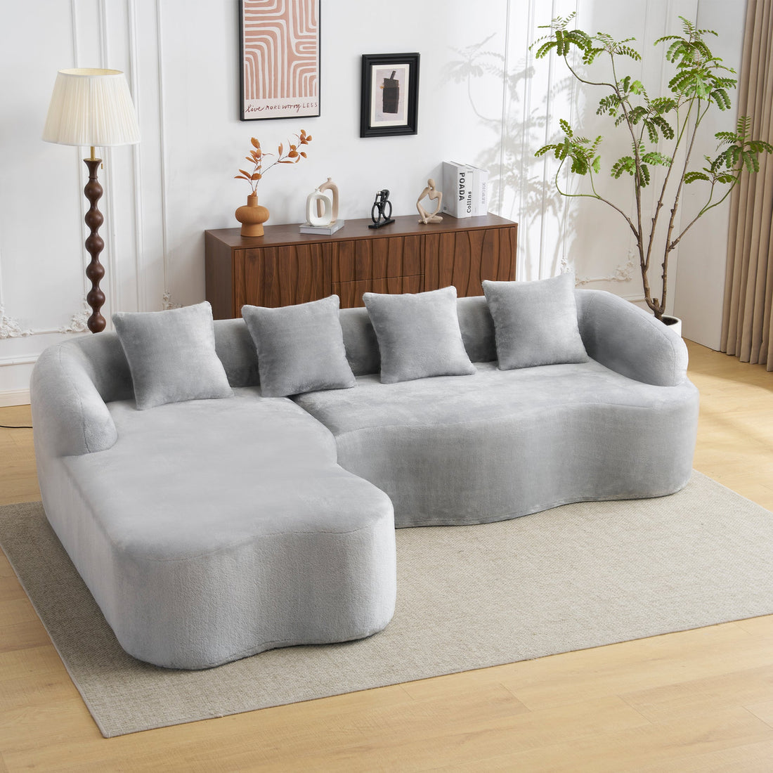 Full Compression L-Shape Sectional Sofa with Curved Chaise, Grey Modular Chenille Couch, High-Density for Apartment Living Room