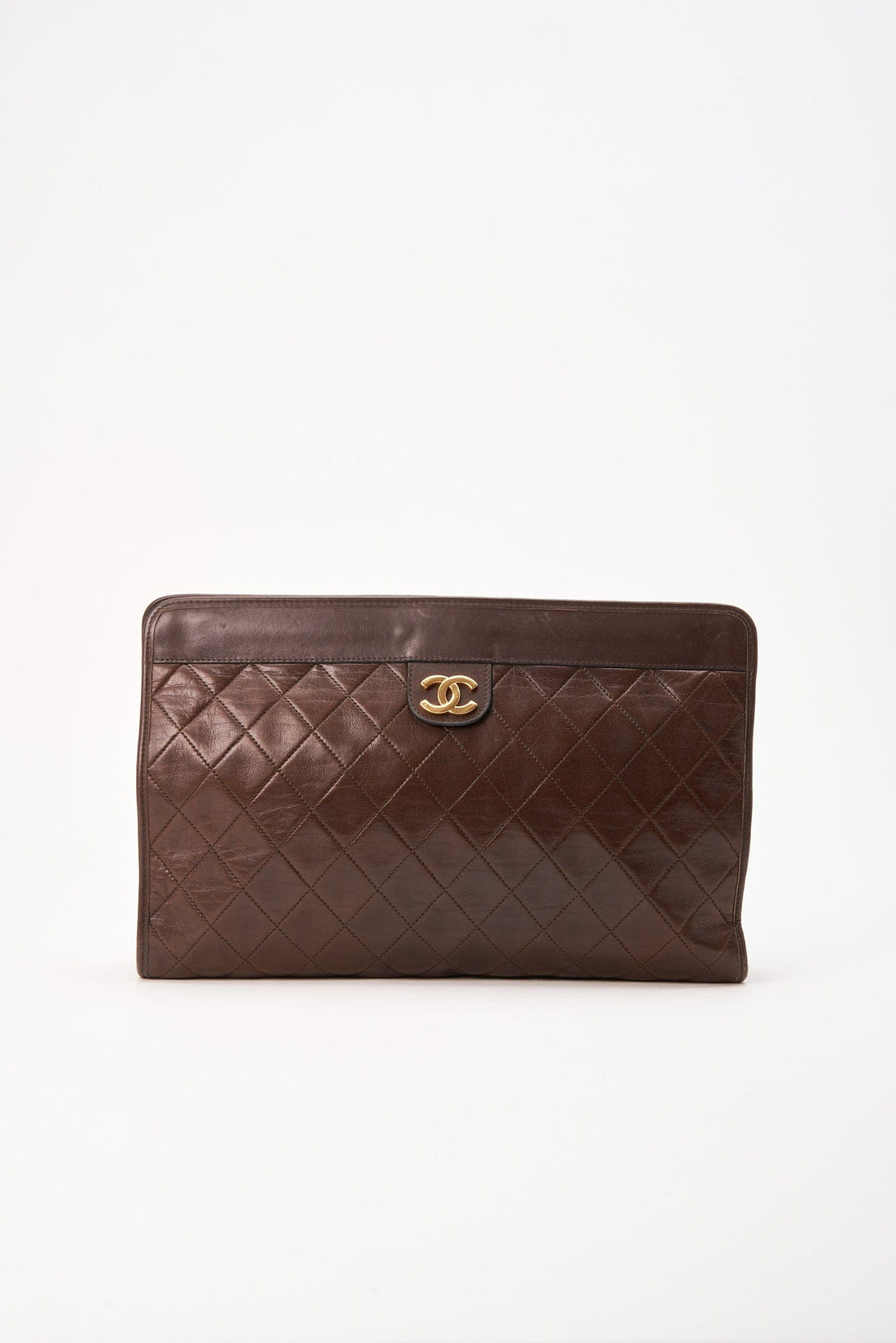 Vintage Chanel Brown Leather Clutch Bag With 24K Gold Plated Hardware - Clutch Bags