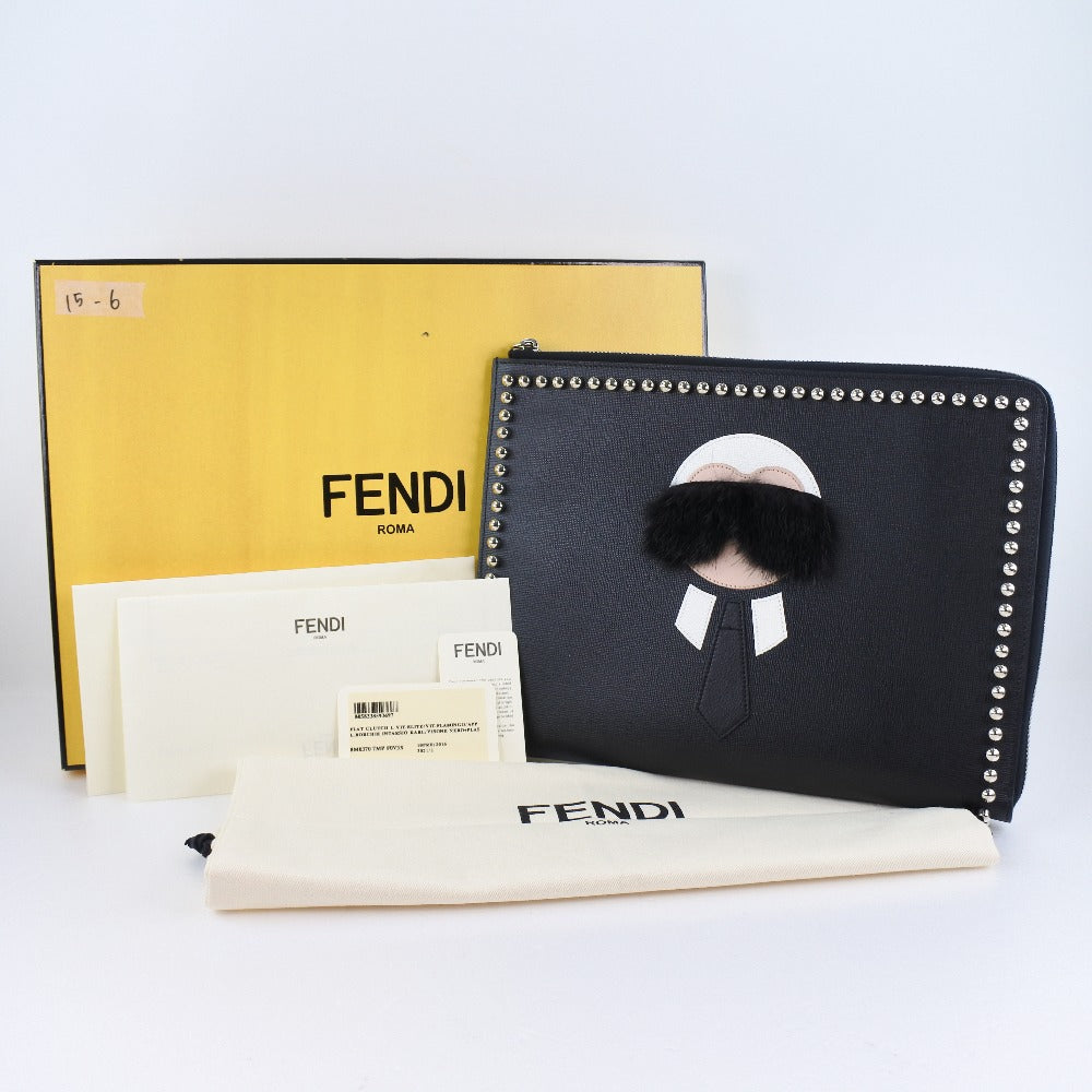 FENDI Clutch bag 8M0370 7MP F0V3X leather black Karl Lagerfeld Studs carlito flat clutch Women Used - Handbags, Wallets & Cases - 3