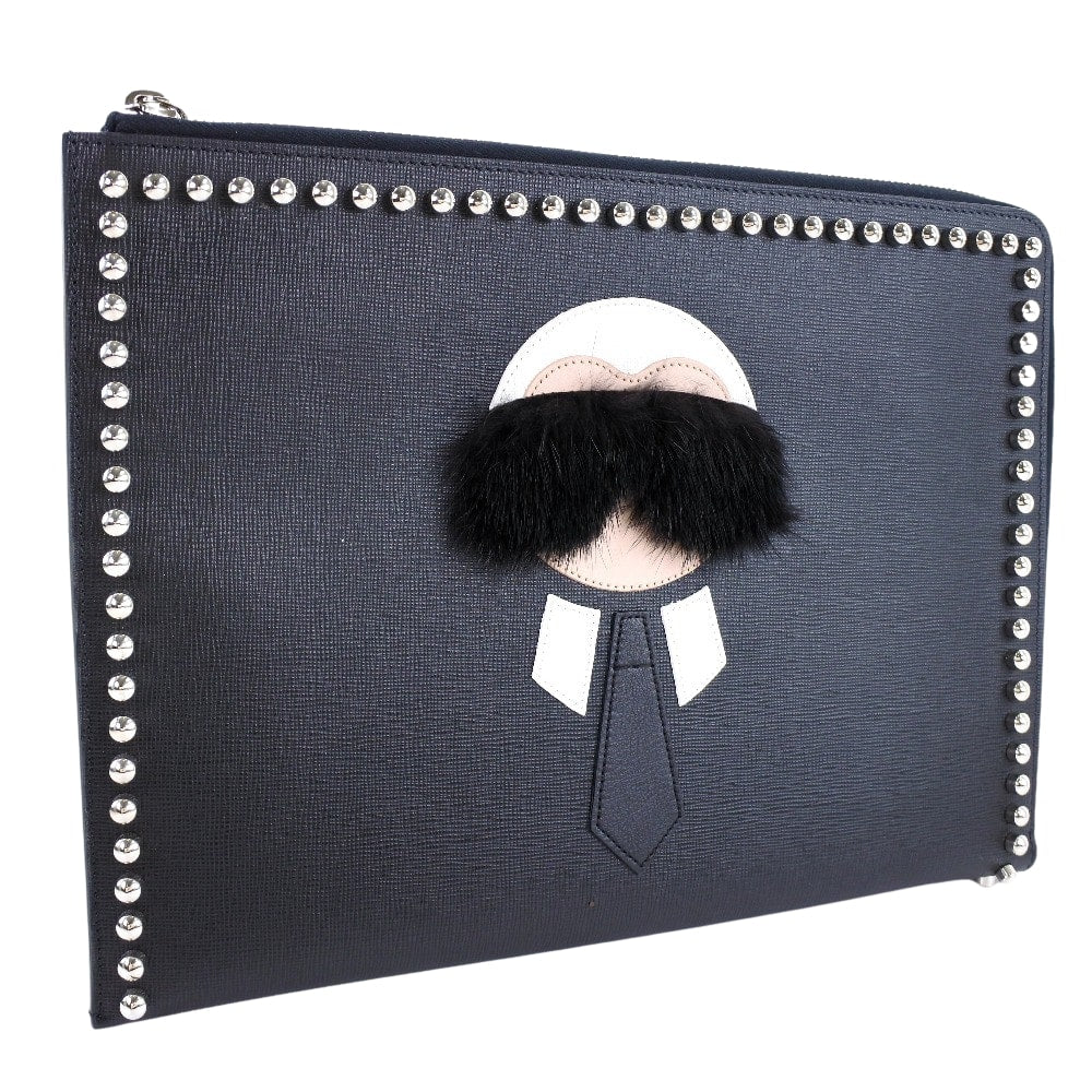 FENDI Clutch bag 8M0370 7MP F0V3X leather black Karl Lagerfeld Studs carlito flat clutch Women Used - Handbags, Wallets & Cases