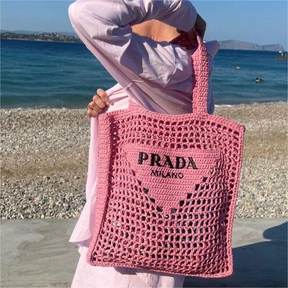 Prada Women's Natural Crochet Tote Bag-Pink