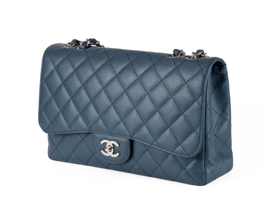 Chanel Navy Blue Caviar Jumbo Classic w/ Silver Hardware - BAGS