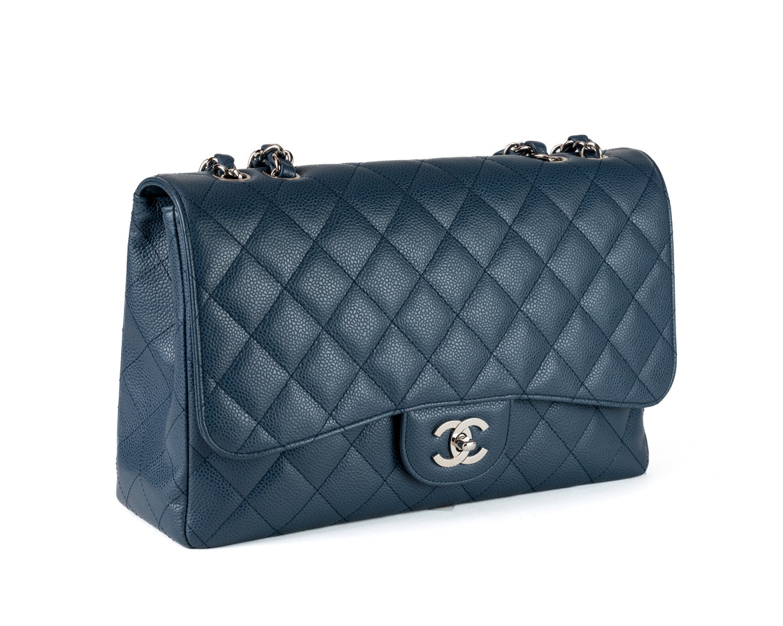 Chanel Navy Blue Caviar Jumbo Classic w/ Silver Hardware - BAGS