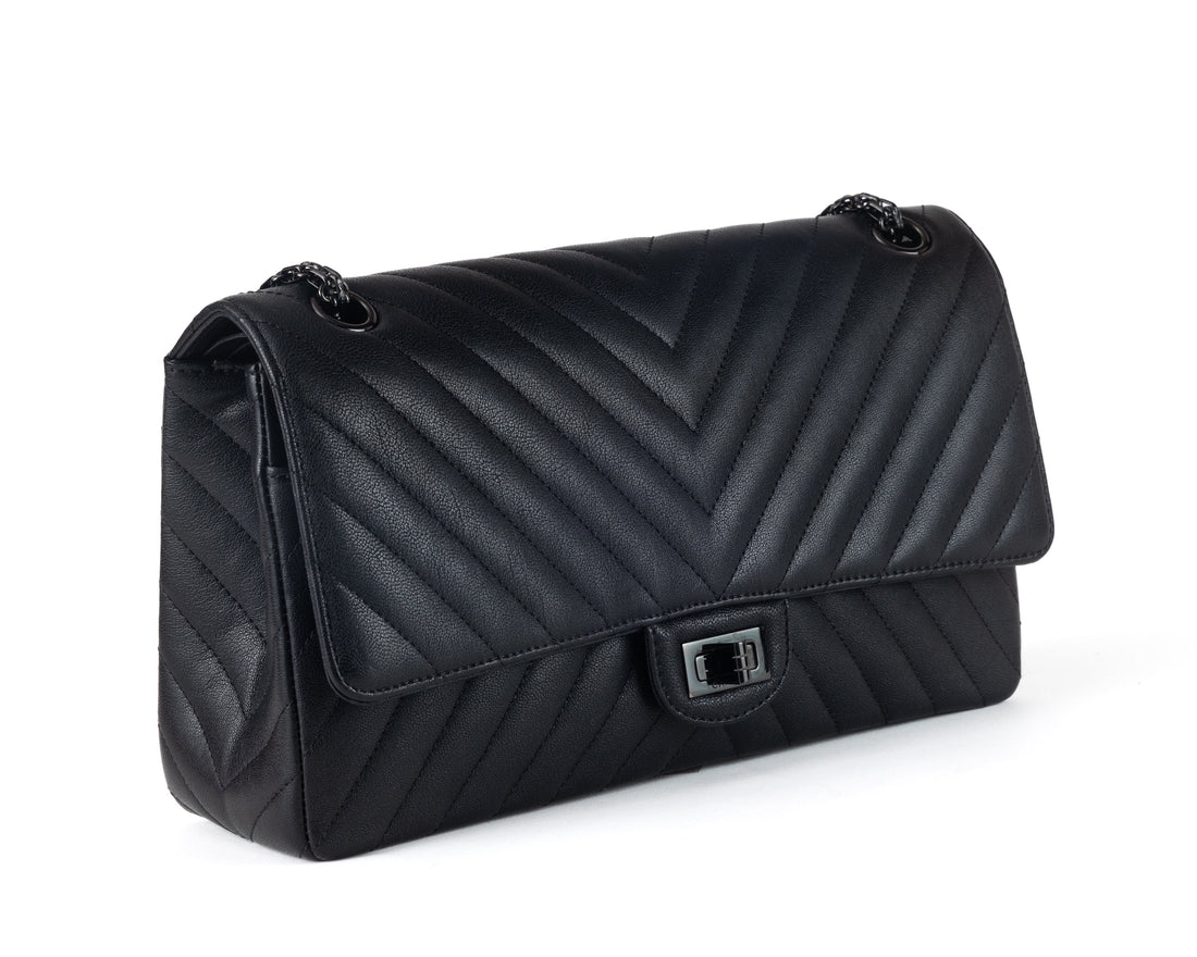 Chanel So Black Chevron Quilted Medium Classic w/ Black Hardware - Handbags
