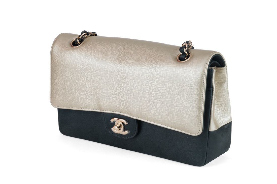 Chanel Black and Gold Bi Color Caviar Medium Classic with Gold Hardware - Handbags