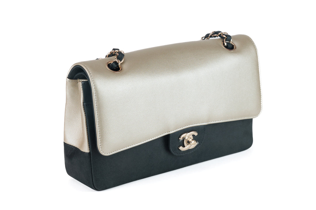 Chanel Black and Gold Bi Color Caviar Medium Classic with Gold Hardware - Handbags