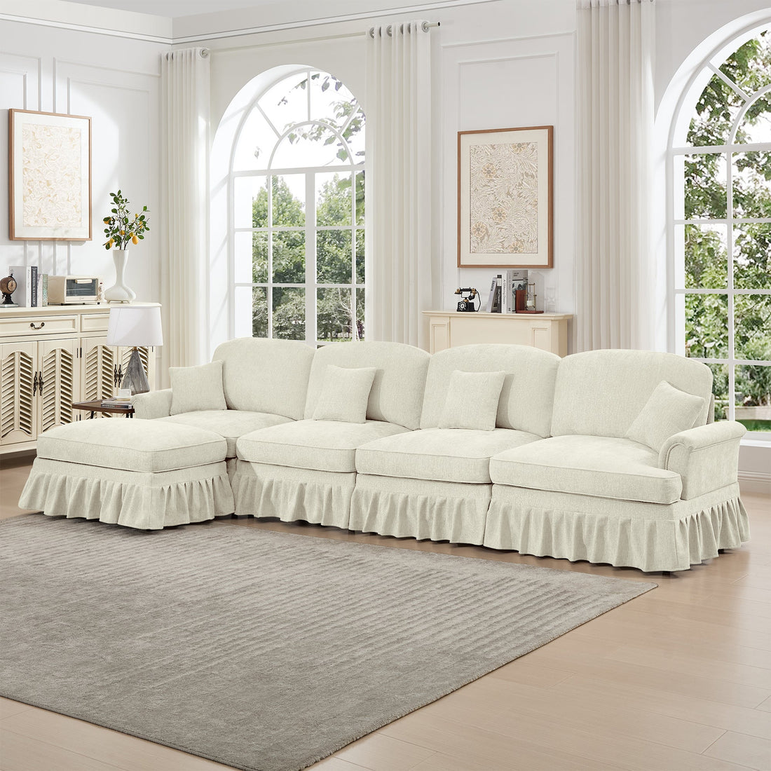 Classic Three Seater Modular L Shaped Sectional Couch with Flared Arms and Removable Ruffles Pleats Skirts and Spindle Legs, Comfy Chenille Four-Seat Deep Seat Sofa with Movable Ottoman, Beige White