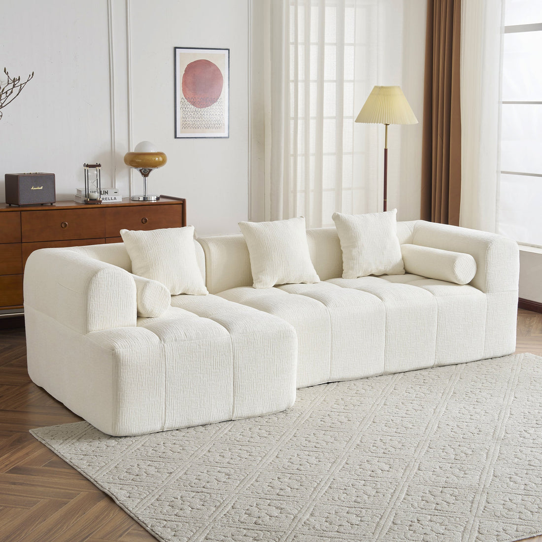 Modern Beige Modular Sectional Sofa with Deep Seating and Side Pockets, Chenille Upholstery, 101.2'