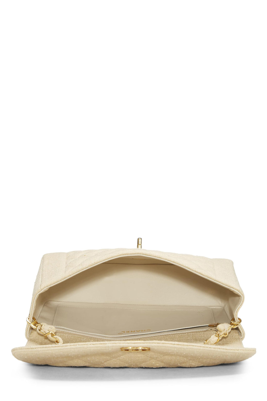 Chl,  Beige Quilted Linen Classic Flap Medium, Beige - Loose Stones
