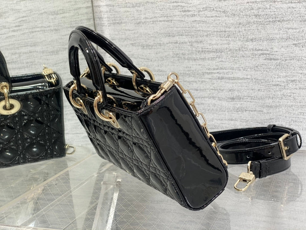 Dior Lady D-Joy Medium Patent Black Leather Bag - 26x6x14cm
