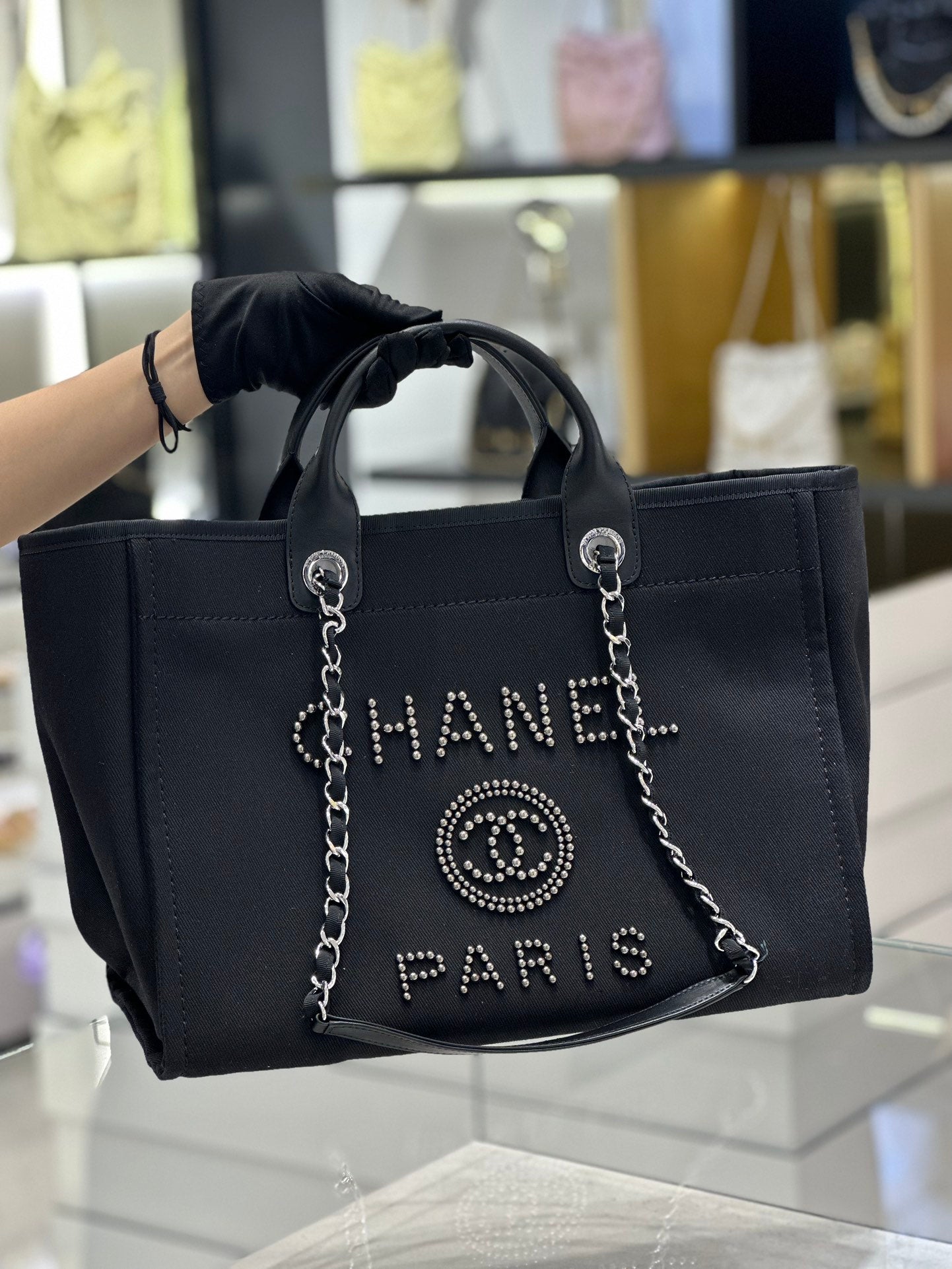 Chanel Natural Canvas and Black Leather Large Pearl Deauville Tote - 30x39x22cm