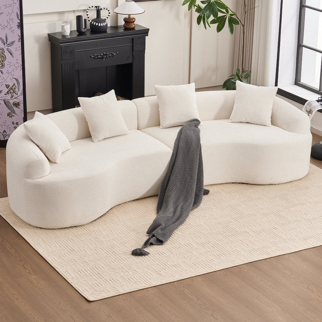 LY-025 Full Compression Sponge Sofa Cloud White Curved Modular Sectional 30D High-Density Chenille Sleeper Couch 110'L