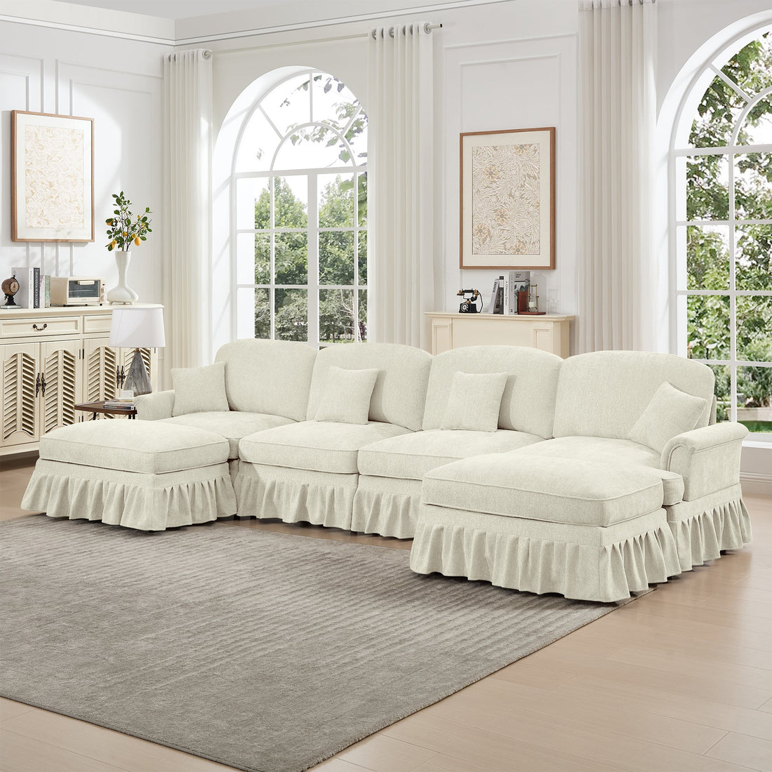 Classic U Shape 4 Seater Modular Sectional Sofa Couch with Flared Arms and Removable Ruffles Pleats Skirts and Spindle Legs, Chenille Deep Seat Cloud Sofa with Movable Ottomans, Beige White