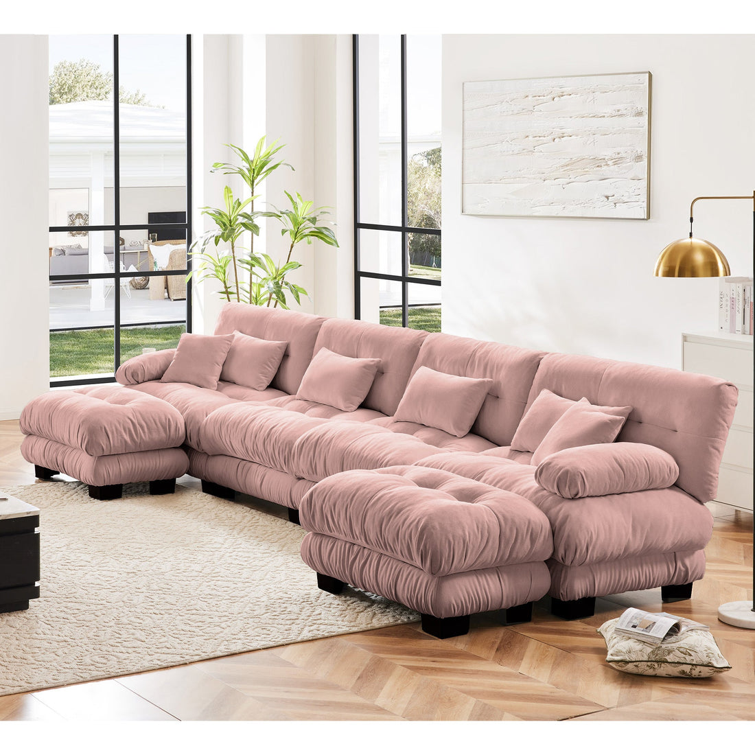 Free Combination Modular Sectional Sofa,U Shaped Couch for Living Room, 4-Seater Comfy Cloud Couch with 2 Ottomans, Chenille Pink