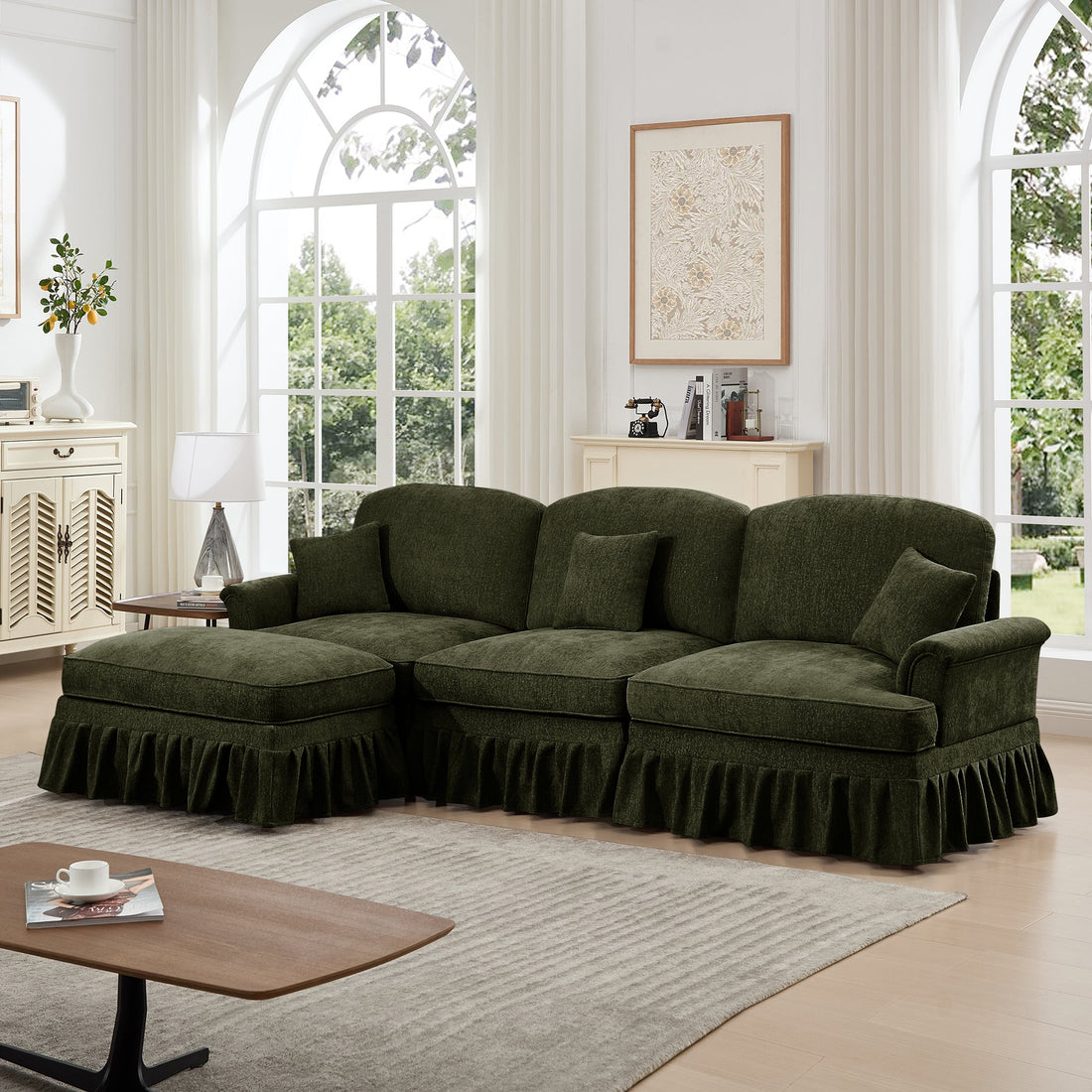 Mid Century Three Seater Modular L Shaped Sectional Couch with Flared Arms and Removable Ruffles Pleats Skirts and Spindle Legs, Comfy Chenille 3-Seat Deep Seat Sofa with Movable Ottoman,Green