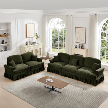 Classic 2 Piece Modular Couch Living Room Sofa Set with Flared Arms and Removable Ruffles Pleats Skirts and Spindle Legs, 3 Seater Sofa + 2-Seat Loveseat Sofa Sets for Living Room,Green