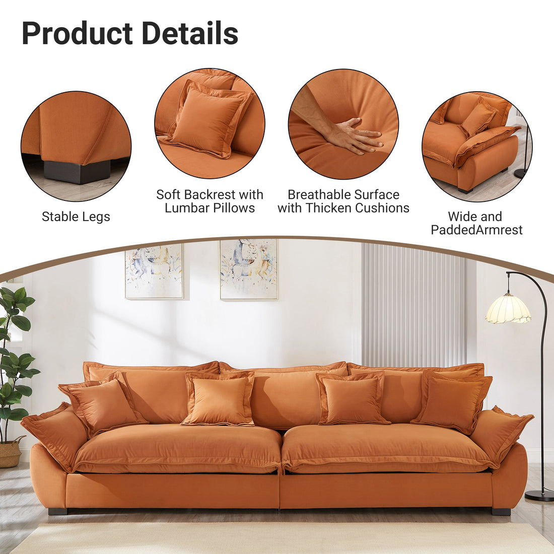 Modular Sectional Sofa, Sailing Design Sofa with Storage, Removable Backrest, Modern Deep Seat Sofa with Throw Pillows for Living Room Bedroom Apartment,Orange