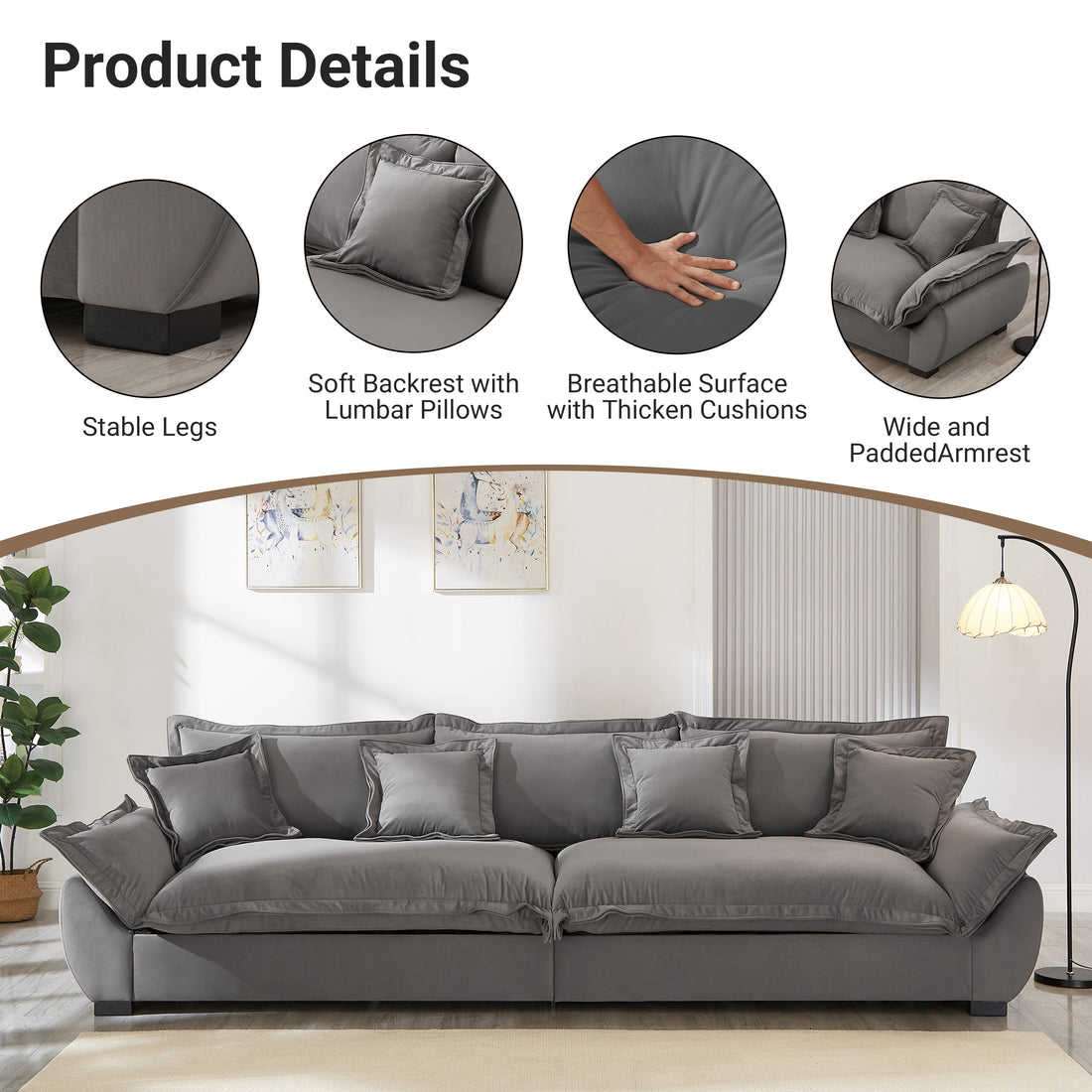 Modular Sectional Sofa, Sailing Design Sofa with Storage, Removable Backrest, Modern Deep Seat Sofa with Throw Pillows for Living Room Bedroom Apartment,Gray