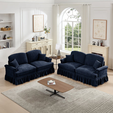 Classic 2 Piece Modular Couch Living Room Sofa Set with Flared Arms and Removable Ruffles Pleats Skirts and Spindle Legs, 2Seater Sofa + 2-Seat Loveseat Sofa Sets for Living Room, Blue