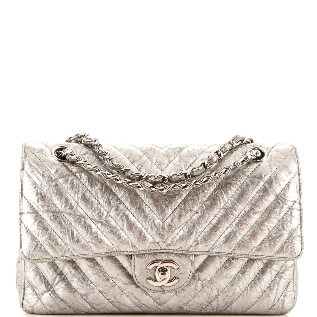 CHANEL Classic Double Flap Bag Chevron Crumpled Metallic Patent Medium - Handbag & Wallet Accessories