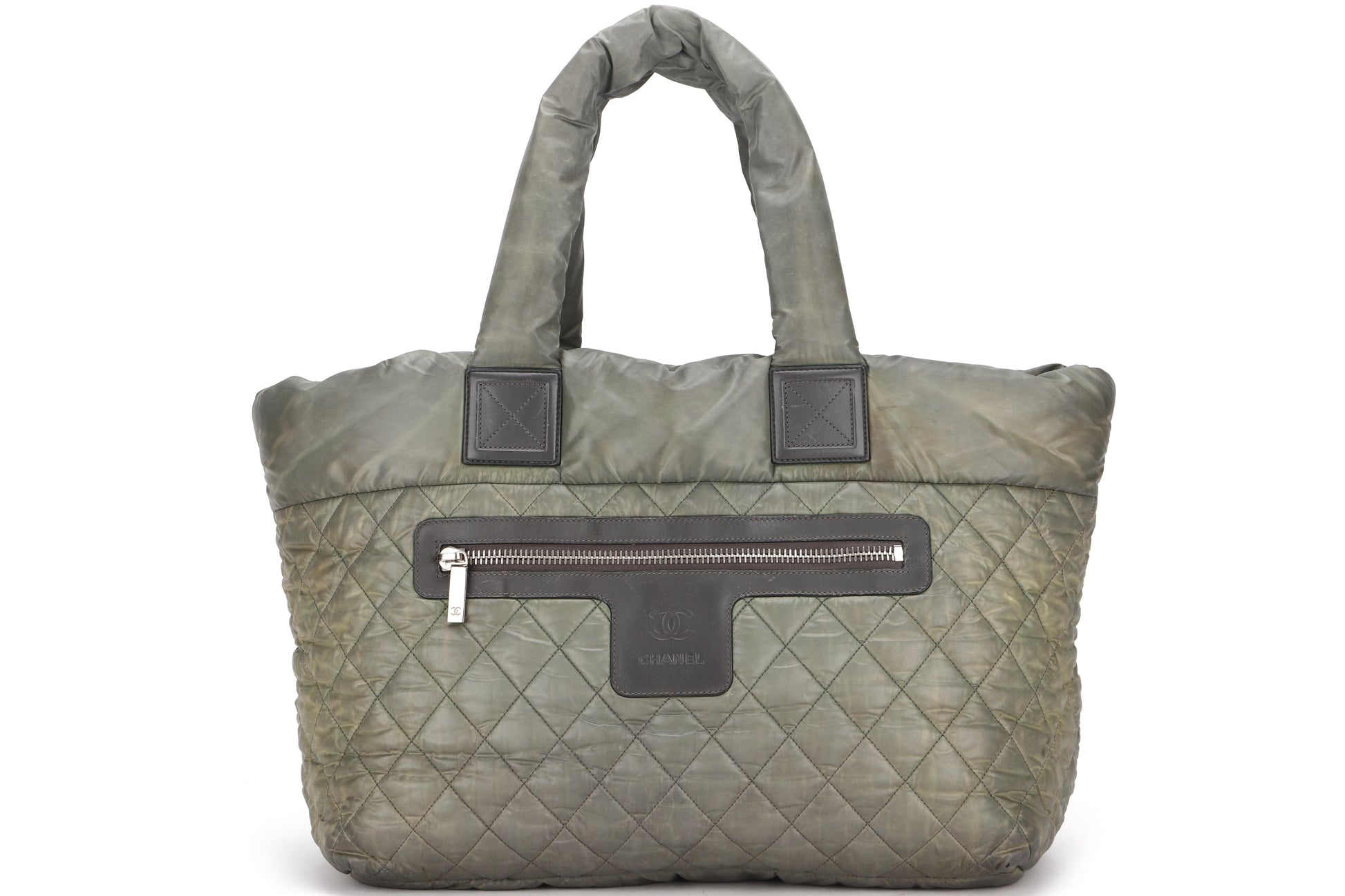 CHANEL COCO COCOON REVERSIBLE TOTE BAG (1358xxxx) ARMY GREEN & GREY NYLON SILVER HARDWARE, NO  & DUST COVER - Bags